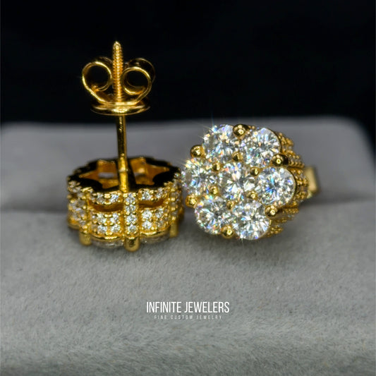 3D Moissanite Flower Cluster Earrings (with side stones) 925 Sterling Silver | Unisex