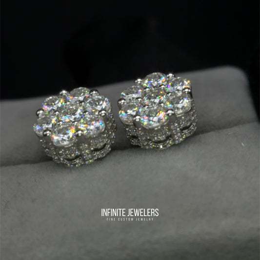 3D Moissanite Flower Cluster Earrings (with side stones) 925 Sterling Silver | Unisex